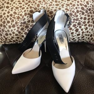 White and Black Michael Kors Heels with Ankle Belt